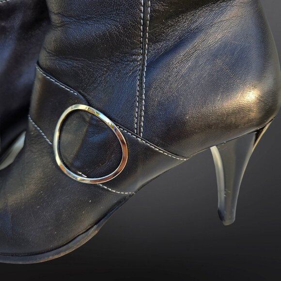 Y2K Knee High Tall Boots Size 9.5 Black Leather Buckle Stiletto Heels EUR 40 - Picture 4 of 11